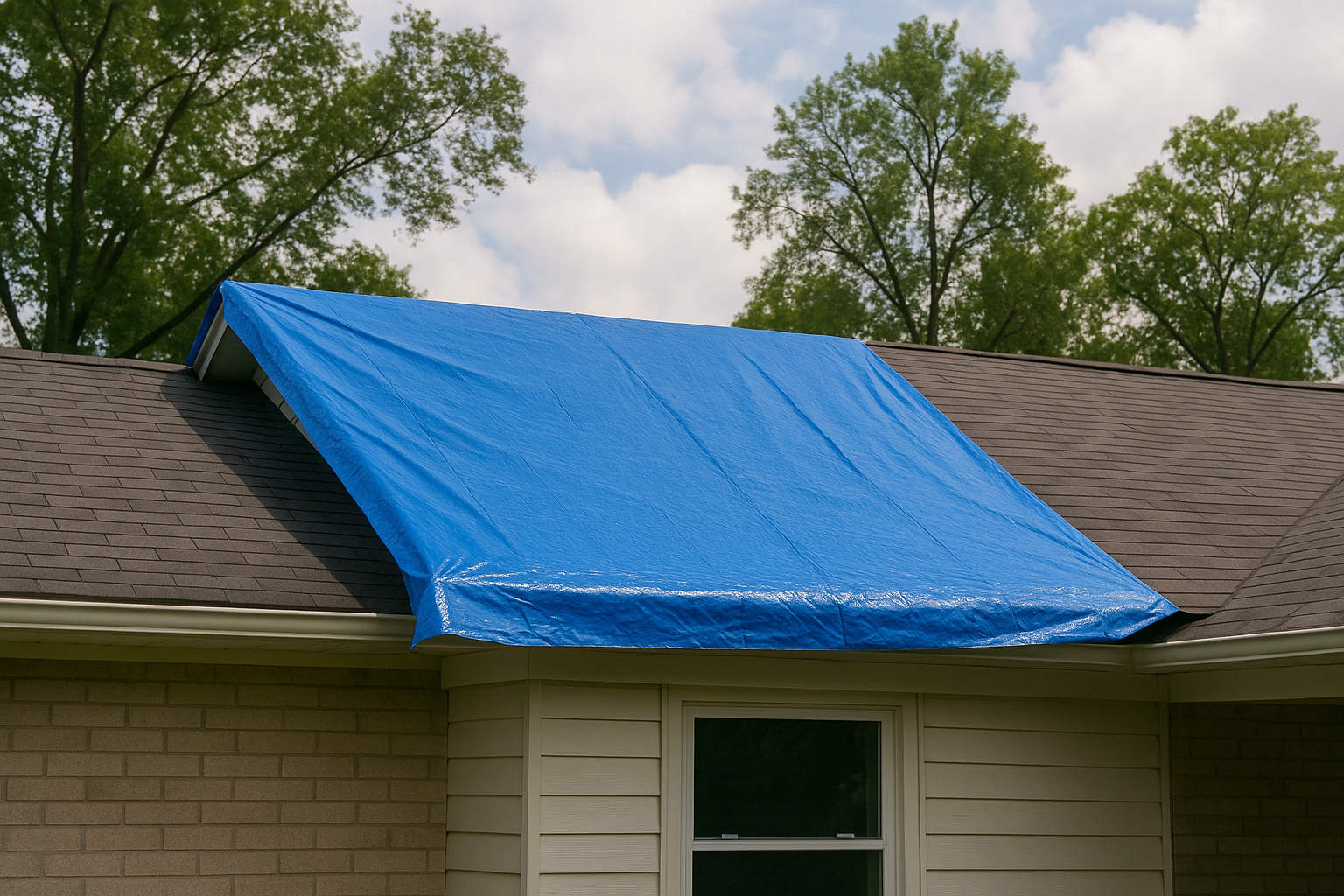 Technicians tarping a storm-damaged roof